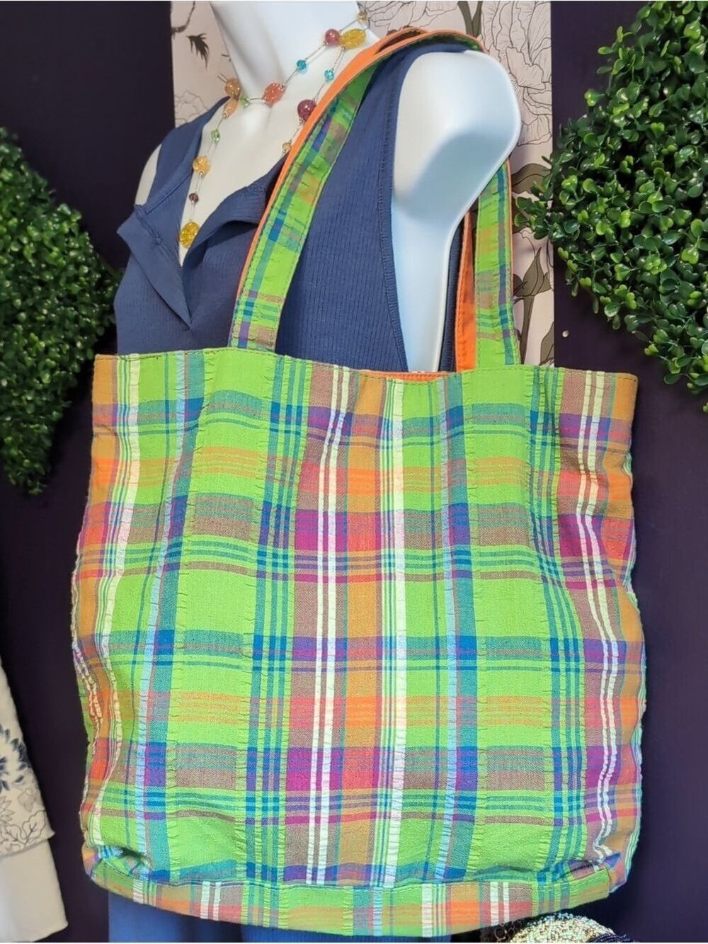 Lime & Pink Plaid Cotton Tote Bag with Orange Handles